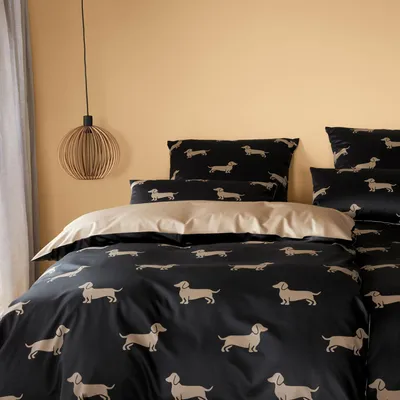 Produktbild von elegante Mako-Satin-Bettwäsche-Garnitur Dogs Farbe Schwarz-Beige Größe 155x220+80x80