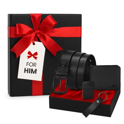 Produktbild von Frank Martin Herren Geschenkset mit Geldbörse Gürtel Schlüsselanhänger Feuerzeug in Geschenkbox – Männer Accessoires Set aus Kunstleder Geschenkidee