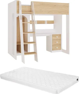 Produktbild von Hochbett 90 x 190 cm mit Kleiderschrank und Schreibtisch – Natur und Weiß + Matratze - ALVENOU