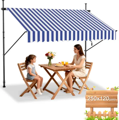 Produktbild von UISEBRT Klemmmarkise Balkonmarkise mit Handkurbel Einziehbar Manuell Sonnenschutz UV-beständig ohne Bohren Terrassenüberdachung 250x120cm Blau-weiß