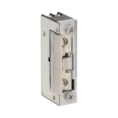 A close-up, studio shot of an electric door strike lock.