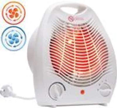 A white electric heater with glowing red heating elements is shown against a white background. Two circular icons, one orange and one blue, are visible in the upper left corner.