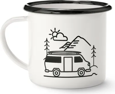 Produktbild von Tchibo Emaille Tasse, Camping Becher, Kaffeetasse mit Henkel, leicht und robust, 380ml, Weiß mit Motiv