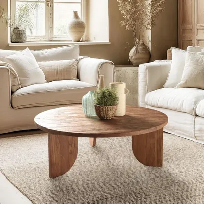 Image de SIXTINE - Table basse ronde 100x100cm en bois de teck recyclé
