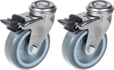 Immagine prodotto di 75 mm 3" in acciaio inox con ruote in gomma grigia, girevoli con freno, 120 kg, set di 2