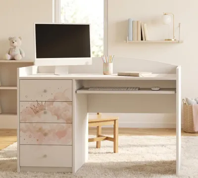 Image de Bureau enfant grand, 125x60 cm, blanc, avec 4 tiroirs, bureau pour enfant avec motif, bureau pour ordinateur, bureau d'étude pour enfants et adolescents, Image générée par une IA