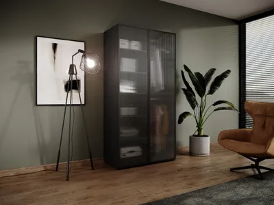 Produktbild von Kleiderschrank – Drehtürenschrank 2 Türen – Nordic – Schwarz – 101 cm – Moderner Drehtürenschrank mit geriffelten Glastüren und viel Stauraum