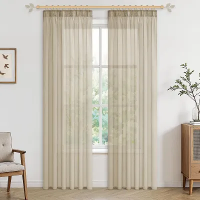 Produktbild von Omgoods – Beige, halbtransparente Vorhänge für Gardinenstangen, Set mit 2 Stück