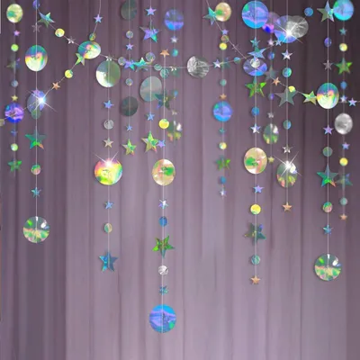 4er-Set Glitzergirlanden, holografischer Regenbogen, rund & stern, Papier