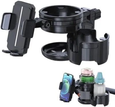 Produktbild von PolkaHome® Universeller 360 Grad drehbarer Becherhalter mit Telefonhalter für Kinderwagen, Rollstuhl, Fahrrad und Scooter – verstellbar und