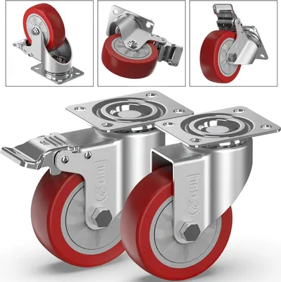 Produktbild von Famanu Möbelrollen mit Bremsen - 100 mm - Bis 600 kg - 360° drehbar - Trolley-Rollen - PolyurethanGummi - 16 Schrauben - Silber
