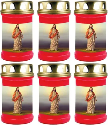 Produktbild von Grabkerze Rot 6er Pack, Brenndauer: 48 Stunden ( je Kerze ), Motiv: Jesus