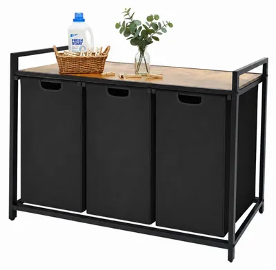 Immagine prodotto di Cestino portabiancheria Relaxdays con 3 sacchi, 150 L, ripiano effetto legno, L x P x A: 73,5 x 109,5 x 33 cm, cesto portabiancheria, nero/naturale, Immagine generata dall'IA