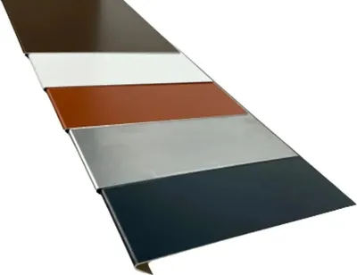 A series of metal sheets in different colors, arranged diagonally on a white background.