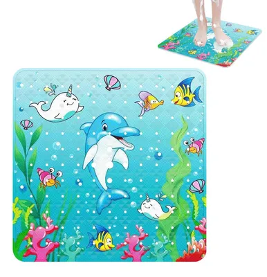 Image de Tapis de douche antidérapant, 53x53 cm, avec trous de drainage et ventouses, lavable en machine, motif dauphin