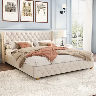 Produktbild von okwish Polsterbett Doppelbett 160×200cm mit Lattenrost und Kopfteil, Knopfpolsterung, Nietenpolsterung, Leinen, Beige,Ohne Matratze