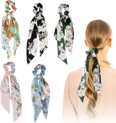 Produktbild von 5 Satin-Haargummis mit Schleife und Blumenmuster, elastische Haarbänder als Pferdeschwanzhalter und Haarschmuck im Vintage-Stil für Frauen und Mädchen