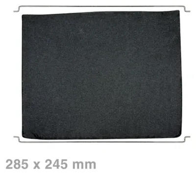 A black activated carbon filter with metal hanging brackets on a white background.