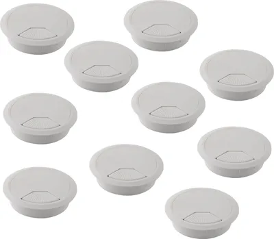 Produktbild von 10er Set - Kabeldurchführung Schreibtisch - 10 Stück Kabeldurchlass mit Staubdichtung für diverse Büro Schreibtische & Arbeitsplatten | runde Kabeldose aus ABS Kunststoff | Kabelauslass 80mm in Weiß