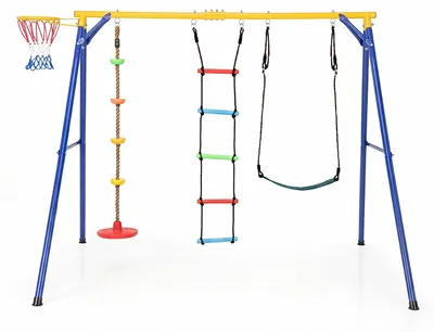 Produktbild von COSTWAY Schaukel mit Gestell, Schaukelgerüst Metall mit EVA-Schaukelsitz, Tellerschaukel, Strickleiter & Basketballkorb, Schaukel Outdoor für Kinder