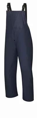 A full-body view of navy blue unisex rain pants with suspenders against a white background.