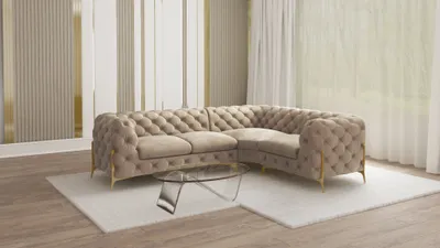Produktbild von S-STYLE MÖBEL - Chesterfield Ecksofa Nova mit Goldene Metall Füßen aus Dunkle Creme Samtstoff - Ottomane rechts, B/T/H: 264 cm / 204 cm / 75 cm