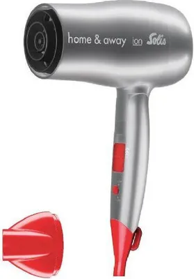 A silver and red hairdryer with a red nozzle attachment next to it, on a white background.