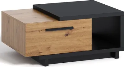 A modern coffee table with a wood-grain drawer and a black open compartment.
