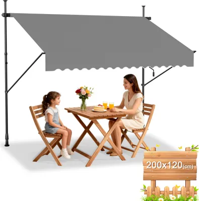 Produktbild von UISEBRT Klemmmarkise Balkonmarkise mit Handkurbel Einziehbar Manuell Sonnenschutz UV-beständig ohne Bohren Terrassenüberdachung 200x120cm Hellgrau