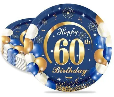 Immagine prodotto di Piatti di carta per il 60° compleanno, 16 pezzi, colore blu e oro, diametro 18 cm