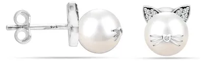 Immagine prodotto di Orecchini da donna Bibei con motivo a gatto e perle, realizzati in argento sterling 925 e perle naturali, modello BIPE046