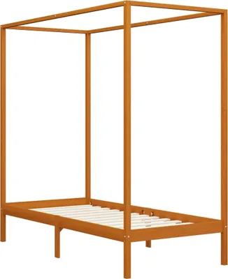 A brown wooden four-poster bed frame with a slatted base, shown from a side-angle against a white background.