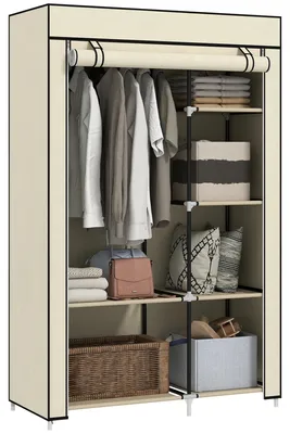 Produktbild von Stoffkleiderschrank - Faltschrank - 6 Fächer mit Kleiderstange - Zusammenklappbar mit Reißverschluss - Metallrahmen - Maximale Belastung 45 kg - 103 x 43 x 162,5 cm - Cremefarben