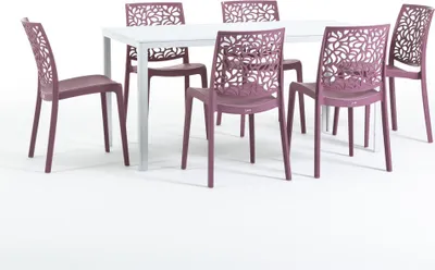 Produktbild von Outdoor-Essset mit rechteckigem Tisch 156x78 cm und 6 stapelbaren Stühlen aus glasfaserverstärktem Harz – modernes Design in Holzoptik, ideal für Garten, Terrasse und überdachte Außenbereiche – THOMAS+ANNA - Malve/Weiß
