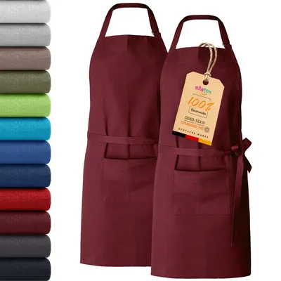 Produktbild von 2er Pack EllaTex Kochschürze Latzschürzen 100% Baumwolle Unisex Schürzen verstellbar mit Tasche Grillschürze Küche, Farbe: Bordeaux