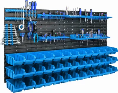Obrázok produktu pre Nástenný úložný systém na náradie 156 x 78 cm s 39 boxmi Sada držiakov na náradie