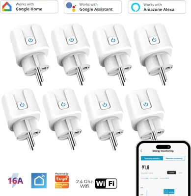 A collage of smart plugs, compatible with Google Home, Google Assistant, and Alexa, along with a smartphone screen displaying energy monitoring data.