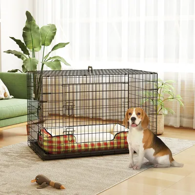 Produktbild von Hundebox faltbar XXL Transportbox für große Hunde – Metall Hundekäfig stabil & rostfrei mit 2 Türen, Sicherheitsverschluss & herausnehmbarer Bodenwanne, Schwarz (106 x 71,5 x 76 cm)
