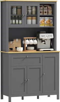 Produktbild von HOMCOM Kš¹chenschrank, Kš¹chenbuffet mit Arbeitsplatte, breites Sideboard mit 3 Schr?nken, Schublade, Nischen, Kabelmanagement, verstellbaren Einlegeb?den und Glastš¹ren, modernes Design, 100 x 40 x 180 cm, Grau