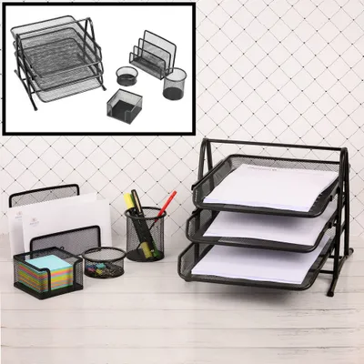 Produktbild von Decopatent® 5-teiliger Desk Organizer SET - Stiftablage - Mesh-Metall - Briefablage - Memobox Büroklammerhalter Briefhalter - Schwarz