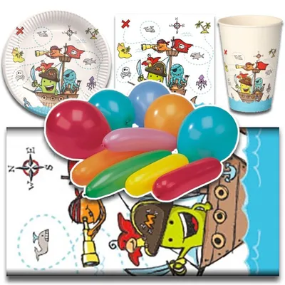 Produktbild von tradingbay24 Party-Set Pirate Crew (81-teilig: Servietten, Teller, Becher, Tischdecke, Luftballons) tbK0043 Piraten Einweg-Party-Set Party-Deko-Set für Jungen