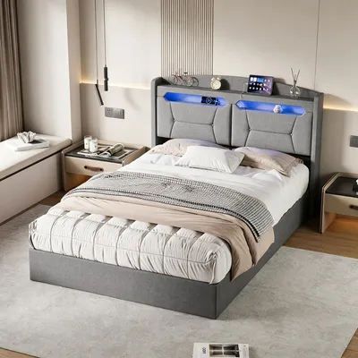 Image de Lit à lattes INONEFT 140x190 avec éclairage LED et ports USB/Type-C, lit capitonné double avec coffre de rangement, lit de rangement hydraulique, lit pour adolescents, couleur lin, gris.