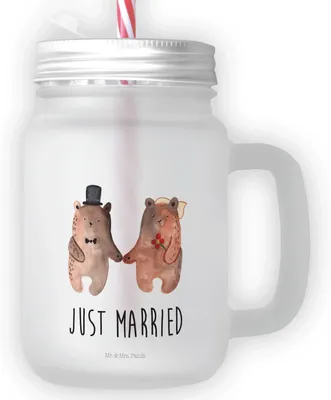 Produktbild von Mr. & Mrs. Panda Glas Bär Heirat - Transparent - Geschenk, Trinkglas, Becher mit Deckel, Teddy, Verheiratet Heirate Hochzeit Hochzeitsgeschenk Hochzeitspaar, Strohhalm