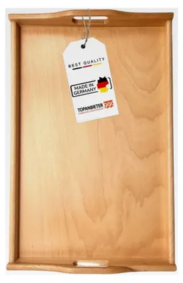 Produktbild von Holz-Tablett Serviertablett Buche Natur lackiert, groß - 60 x 39 cm, Frühstückstablett mit Griffen, Deko Holztablett, rechteckig, stabil mit eingenutetem Boden
