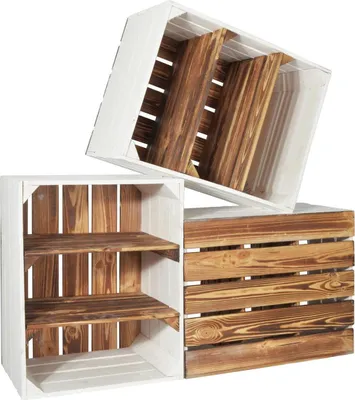 Produktbild von CHICCIE 3 Set Holzkiste Grete Geflammt Weiß Mit Zwei Kurzen Regalen 50x40x30cm Gehobelt - Holzkisten Obstkisten Weinkisten Regale