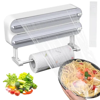 Produktbild von Frischhaltefolienspender, 3-in-1, Alufolienspender, Küchenrollenhalter, mit Cutter, grau, für Küche