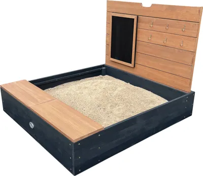 Produktbild von AXI Mandy Sandkasten aus Holz mit Sitzbank, Stauraum, Deckel & Kreidetafel | Sandkasten in Anthrazit & Braun inklusive Bodeplane | 100 x 90 cm