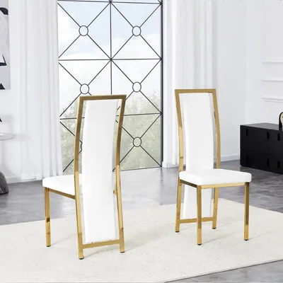 Produktbild von 2er Set europäischer Minimalismus-Esszimmerstuhl, weißes Kunstleder, goldener Metallrahmen, 109 cm Höhe, vielseitig nutzbar für Esszimmer und Büro