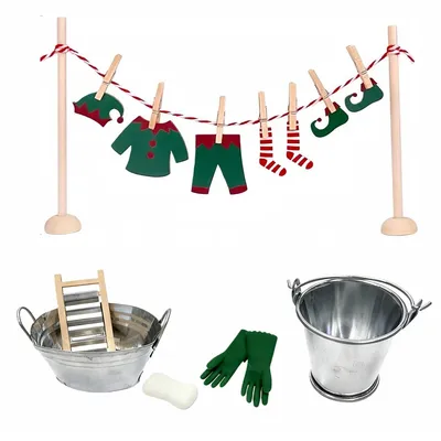 Produktbild von Wichtel Zubehör Weihnachten, Miniatur Wäscheständer Set mit Holz Kleidung und Klammern, Weihnachtselfen Kostüm für Puppenhaus und Wichteltür Deko