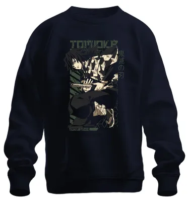 Imagen del producto de Sudadera uni con cuello redondo, diseño de Giyu Tomioka de Kimetsu no Yaiba (Demon Slayer), color azul marino, talla S